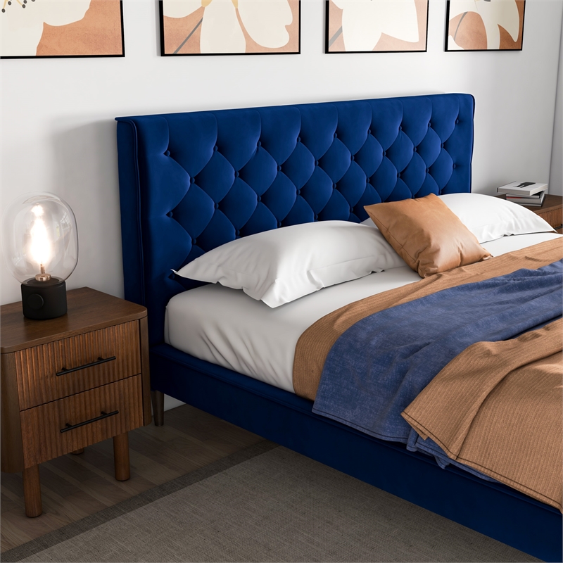 Pemberly Row Mid Century Modern Blue Velvet Upholstered King Platform Bed