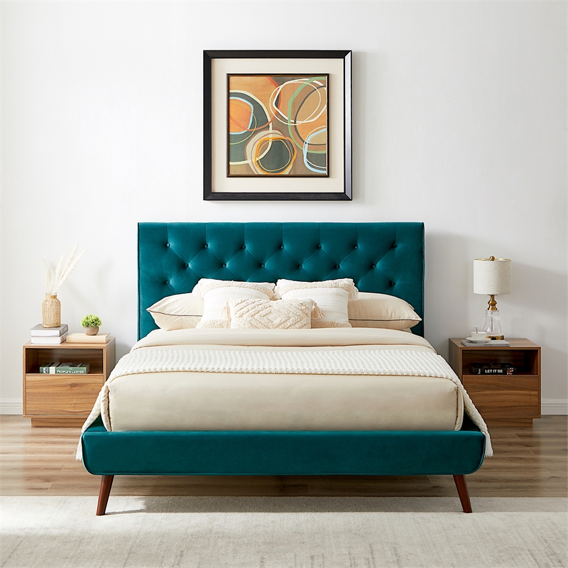 Pemberly Row Mid Century Modern Turquoise Velvet Upholstered Queen Platform Bed