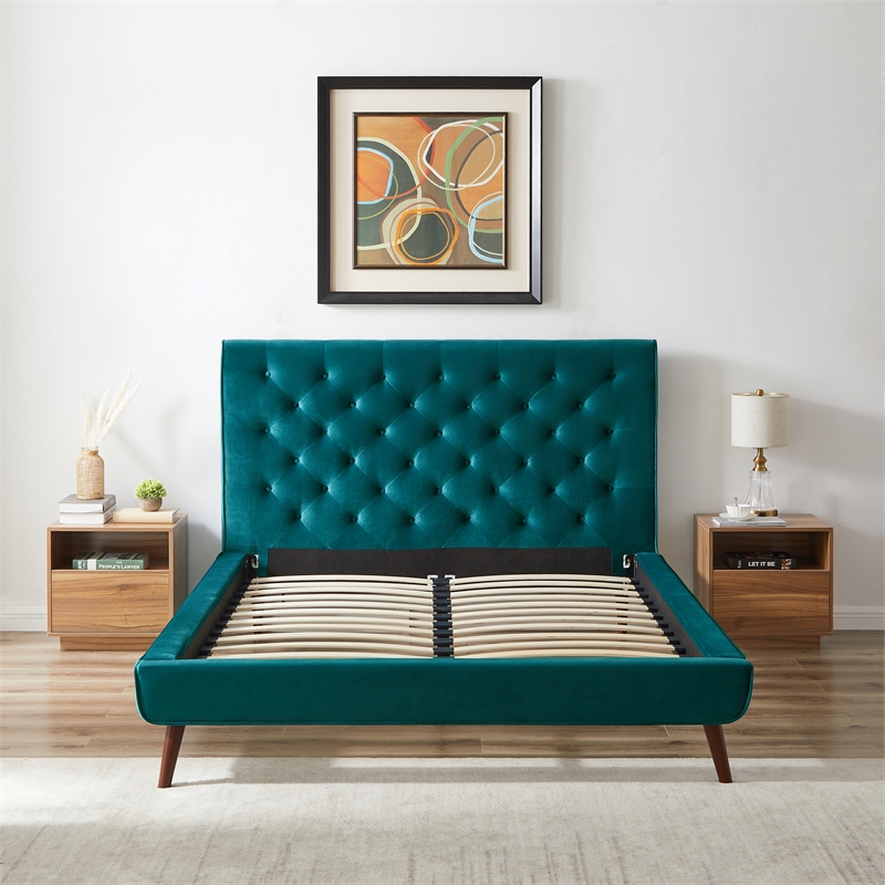 Pemberly Row Mid Century Modern Turquoise Velvet Upholstered Queen Platform Bed