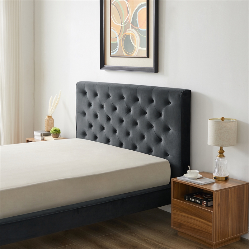 Pemberly Row Mid Century Modern Gray Velvet Upholstered Queen Platform Bed