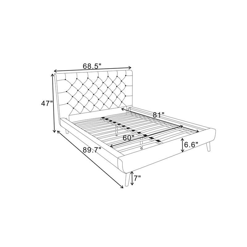 Pemberly Row Mid Century Modern Gray Velvet Upholstered Queen Platform Bed