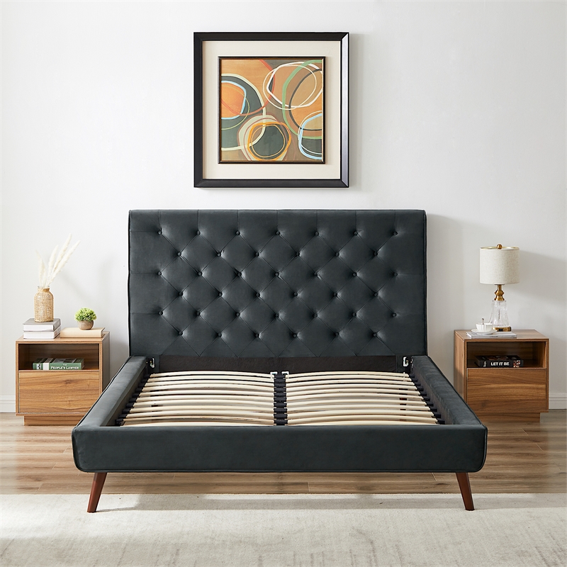 Pemberly Row Mid Century Modern Gray Velvet Upholstered Queen Platform Bed