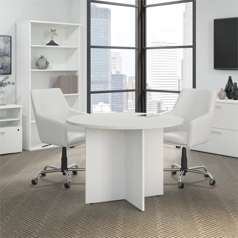 Pemberly Row 42W Round Conference Table with Wood Base - White - Engineered Wood