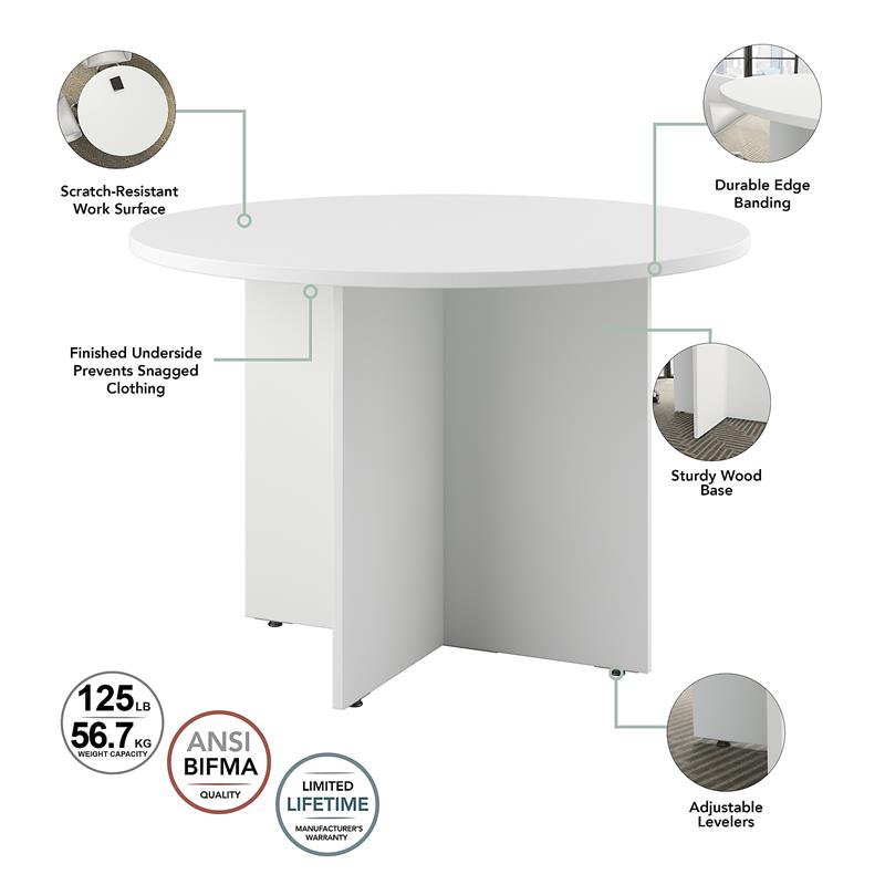 Pemberly Row 42W Round Conference Table with Wood Base - White - Engineered Wood