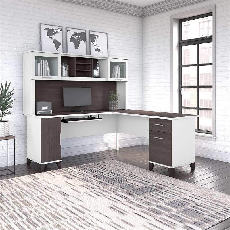 Pemberly Row Engineered Wood 72W L Shaped Desk with Hutch - White and Storm Gray