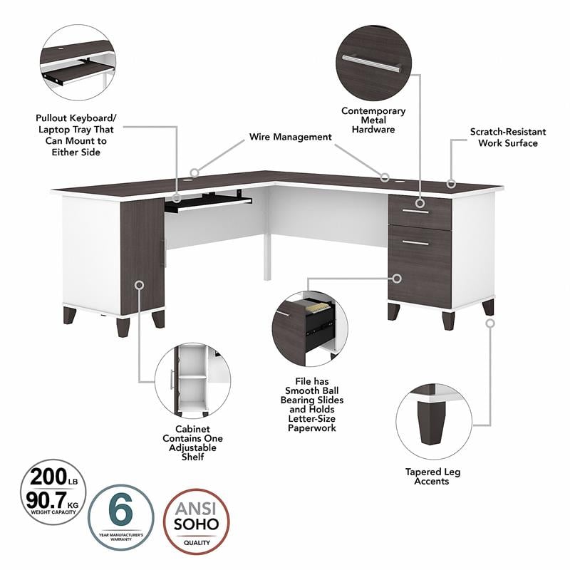 Pemberly Row Engineered Wood 72W L Shaped Desk with Hutch - White and Storm Gray