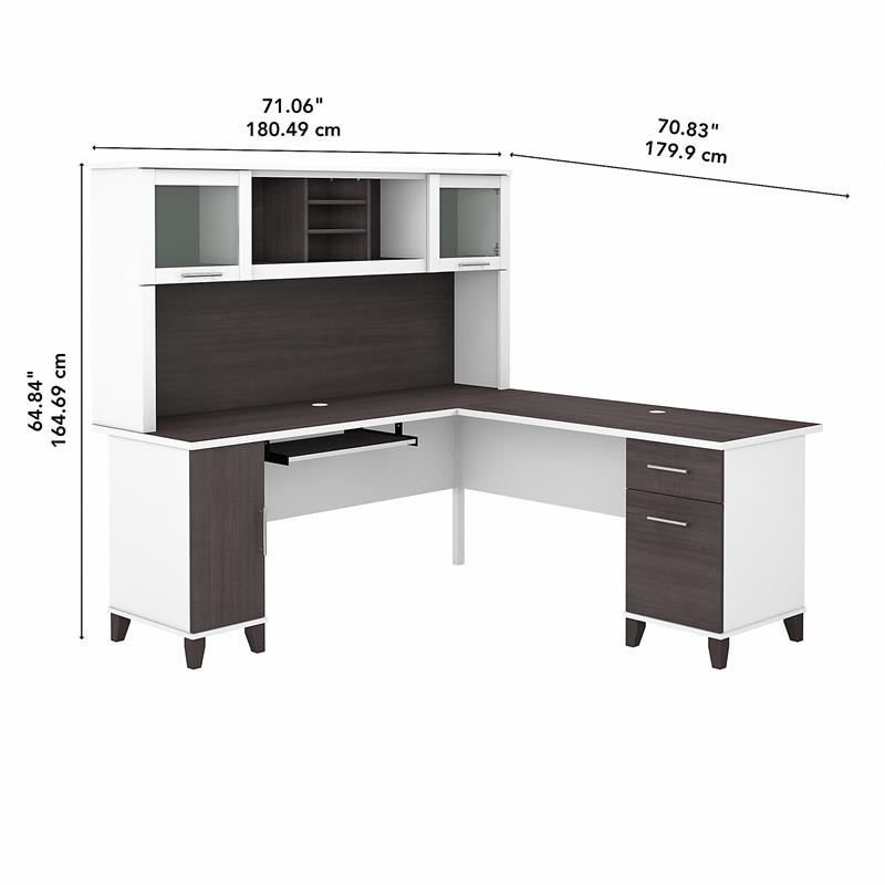 Pemberly Row Engineered Wood 72W L Shaped Desk with Hutch - White and Storm Gray