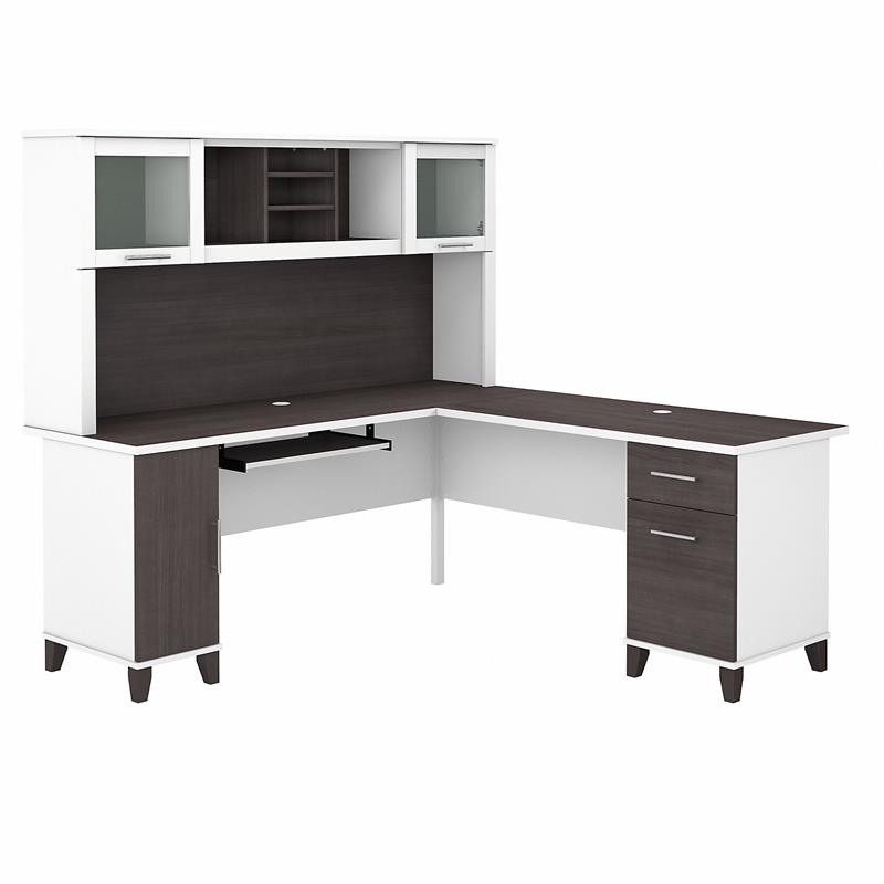 Pemberly Row Engineered Wood 72W L Shaped Desk with Hutch - White and Storm Gray