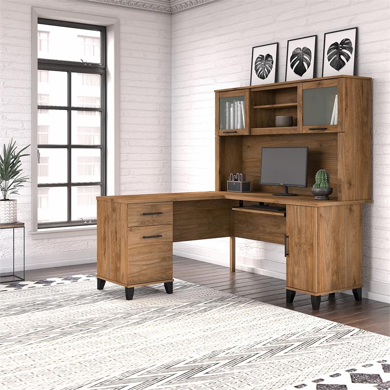 Pemberly Row 60W L Shaped Desk with Hutch in Fresh Walnut - Engineered Wood