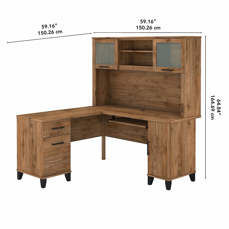 Pemberly Row 60W L Shaped Desk with Hutch in Fresh Walnut - Engineered Wood