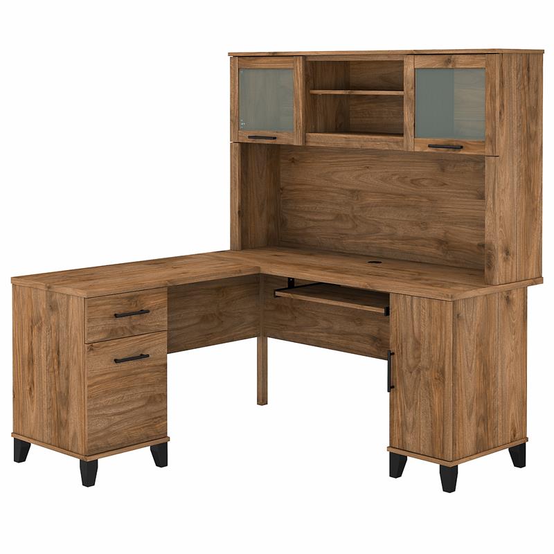 Pemberly Row 60W L Shaped Desk with Hutch in Fresh Walnut - Engineered Wood