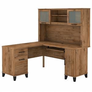 Pemberly Row 60W L Shaped Desk with Hutch in Fresh Walnut - Engineered Wood