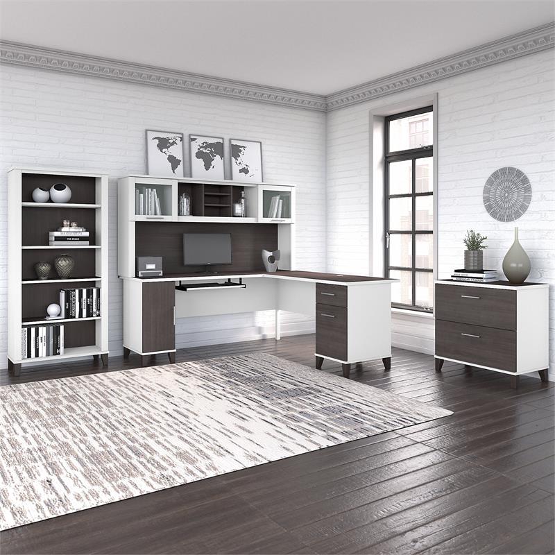 Pemberly Row 72W L Desk with Hutch and Storage in White/Gray - Engineered Wood
