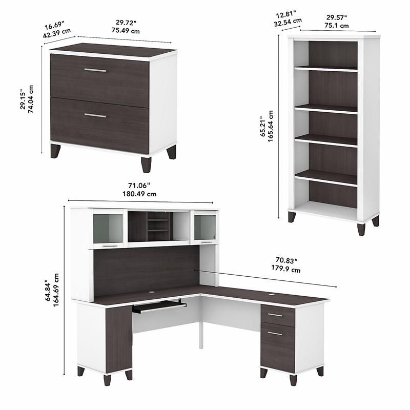 Pemberly Row 72W L Desk with Hutch and Storage in White/Gray - Engineered Wood