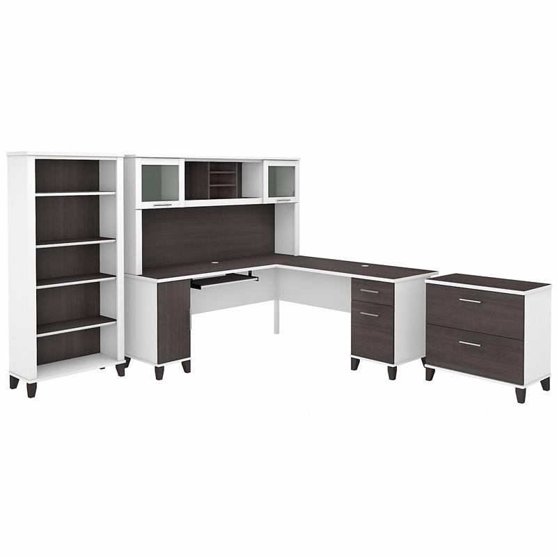 Pemberly Row 72W L Desk with Hutch and Storage in White/Gray - Engineered Wood
