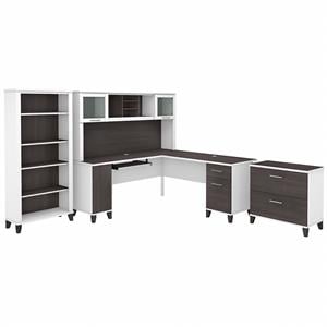 Pemberley Row Engineered Wood Gray L Shaped Desk with Hutch Storage 72&quot Unassembled
