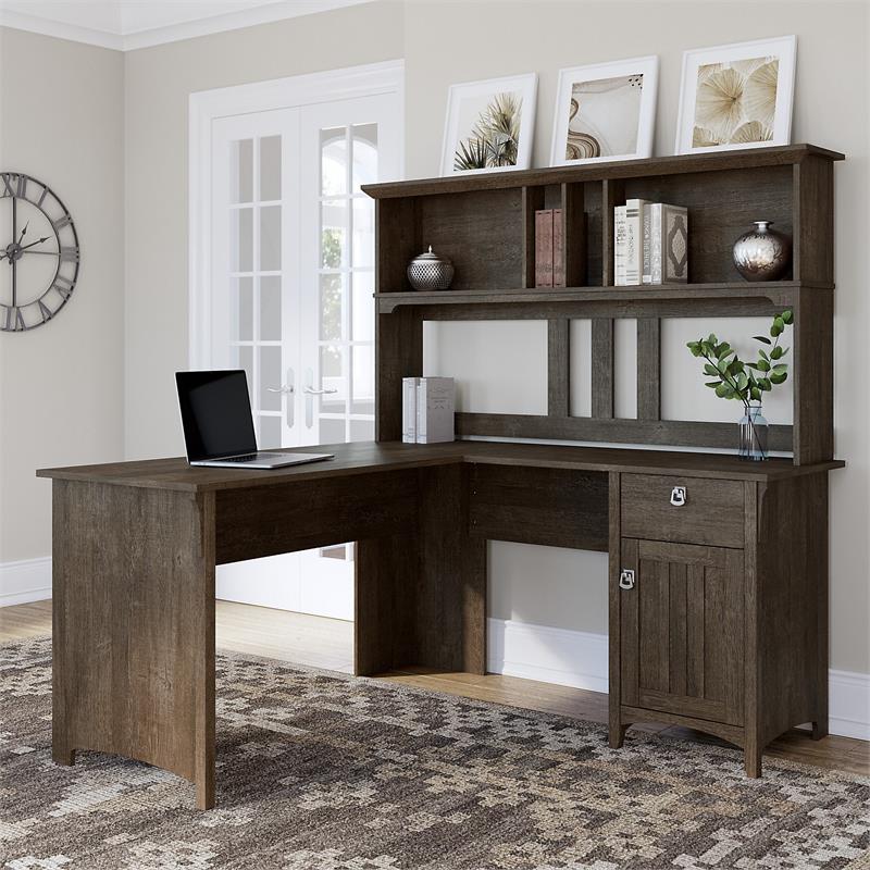 Pemberly Row 60W L Shaped Desk with Hutch in Ash Brown - Engineered Wood