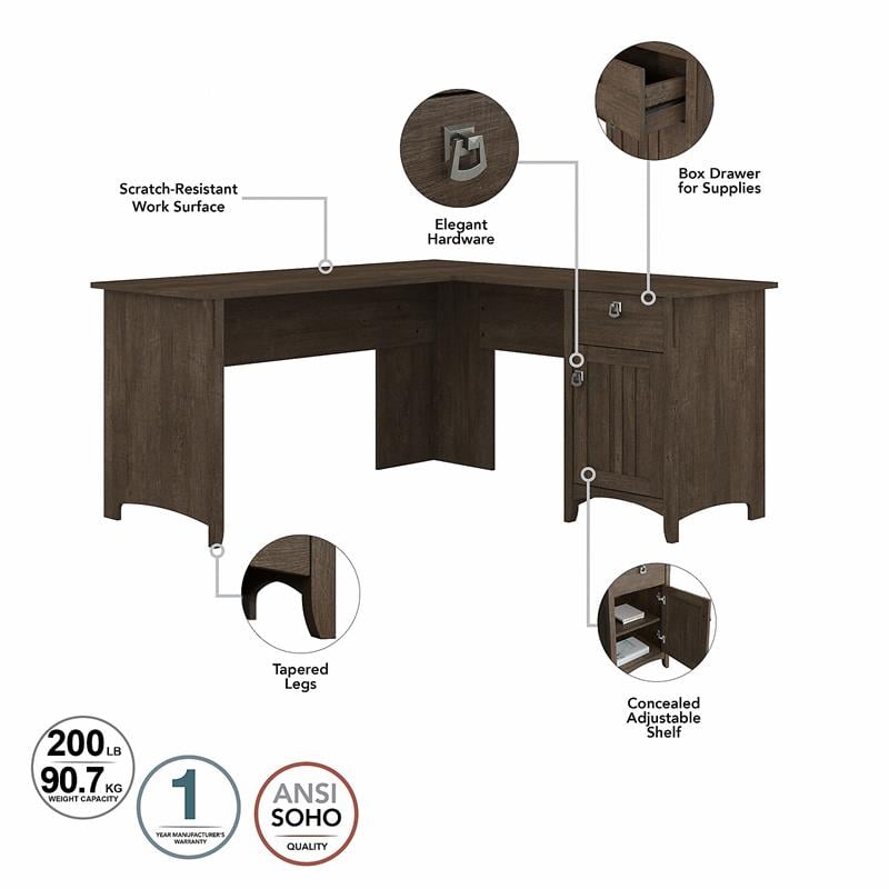 Pemberly Row 60W L Shaped Desk with Hutch in Ash Brown - Engineered Wood