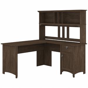 Pemberly Row 60W L Shaped Desk with Hutch in Ash Brown - Engineered Wood