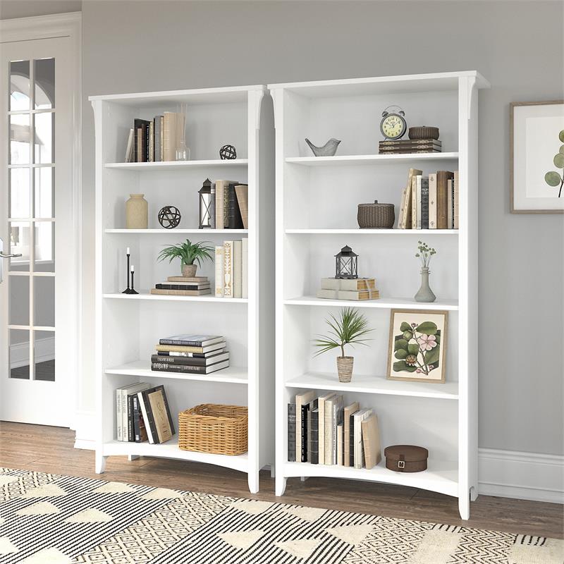 Pemberly Row Engineered Wood Tall 5 Shelf Bookcase Set of 2 - White/Shiplap Gray
