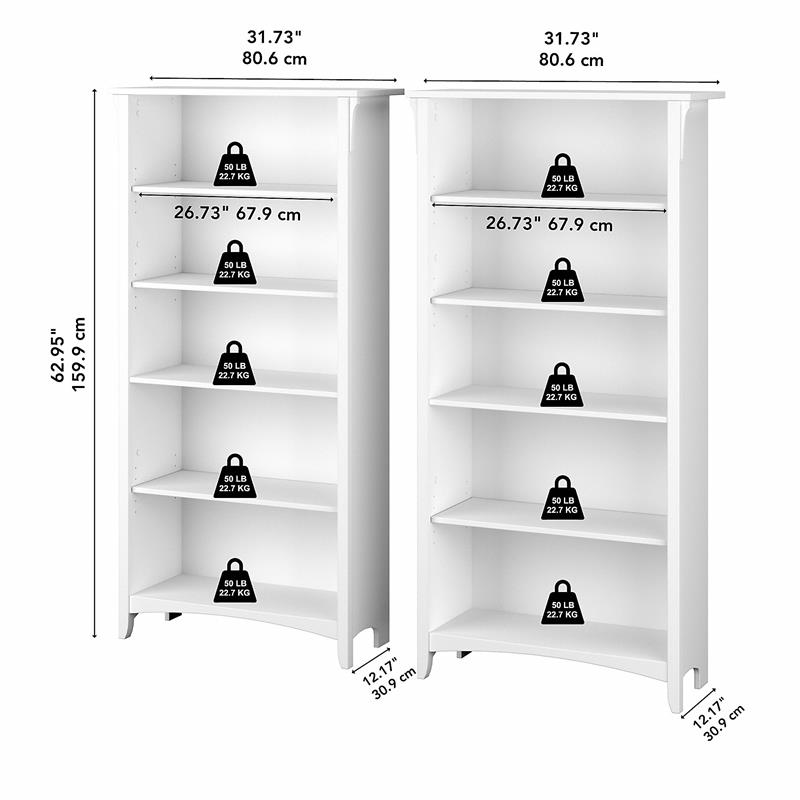 Pemberly Row Engineered Wood Tall 5 Shelf Bookcase Set of 2 - White/Shiplap Gray
