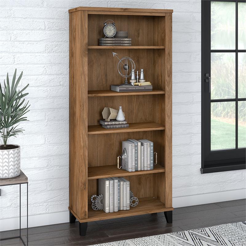 Pemberly Row Tall 5 Shelf Bookcase in Fresh Walnut - Engineered Wood