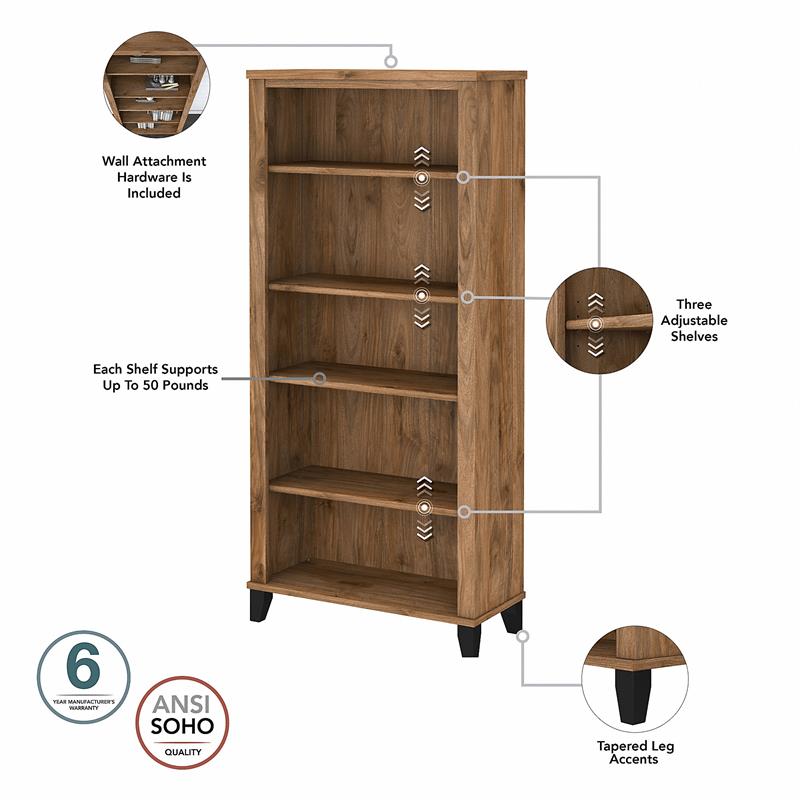 Pemberly Row Tall 5 Shelf Bookcase in Fresh Walnut - Engineered Wood