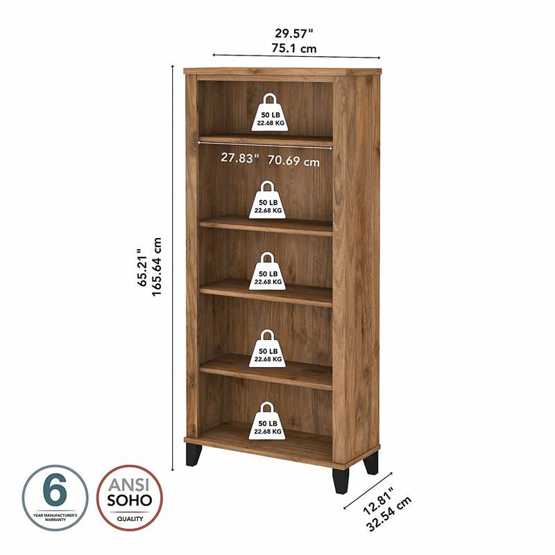 Pemberly Row Tall 5 Shelf Bookcase in Fresh Walnut - Engineered Wood