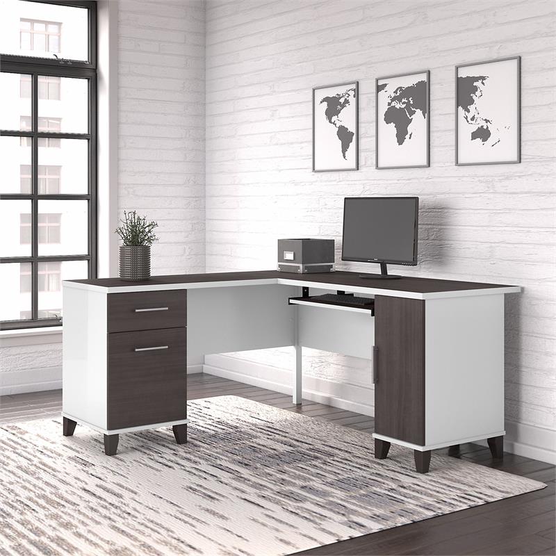 Pemberly Row Engineered Wood 60W L Shaped Desk with Storage - White & Storm Gray