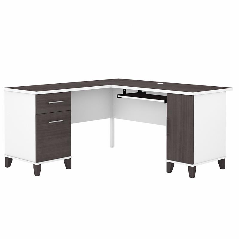 Pemberly Row Engineered Wood 60W L Shaped Desk with Storage - White & Storm Gray