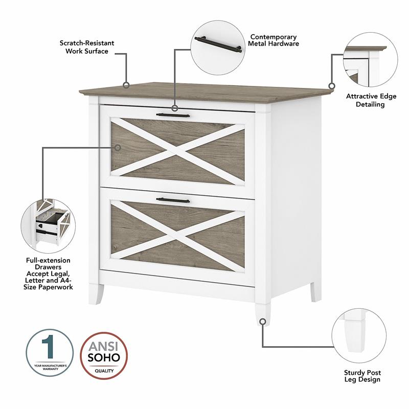 Pemberly Row L Desk with Lateral File Cabinet - White and Gray - Engineered Wood