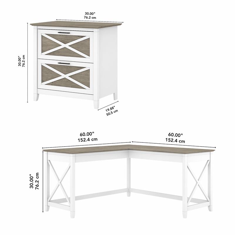 Pemberly Row L Desk with Lateral File Cabinet - White and Gray - Engineered Wood