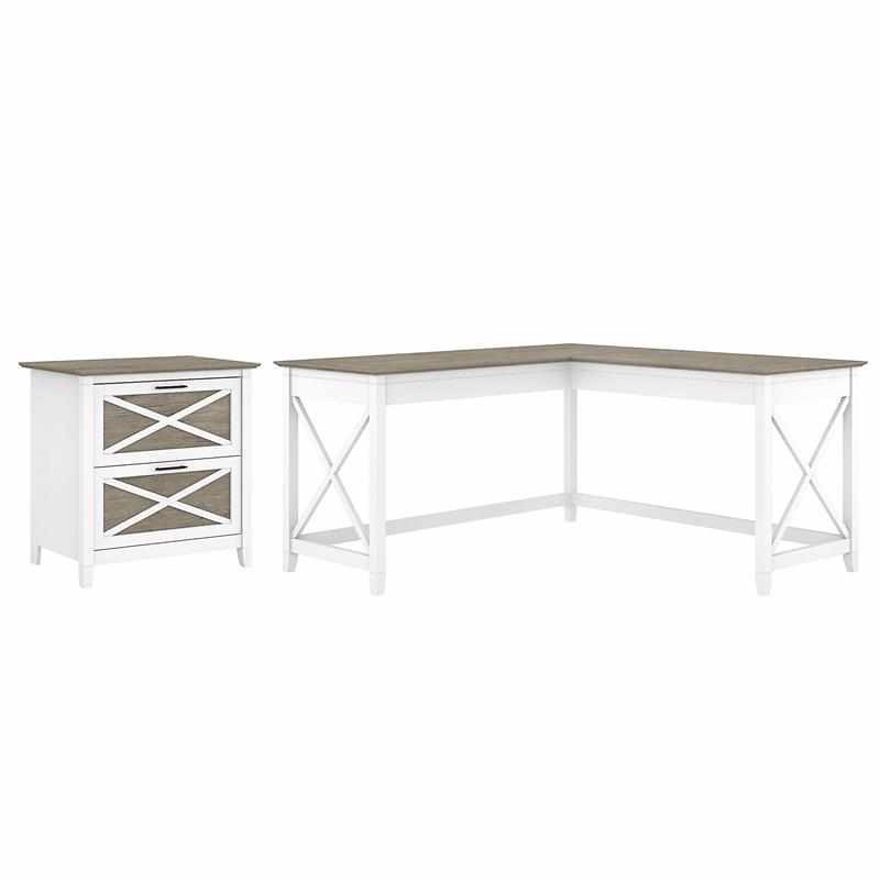 Pemberly Row L Desk with Lateral File Cabinet - White and Gray - Engineered Wood