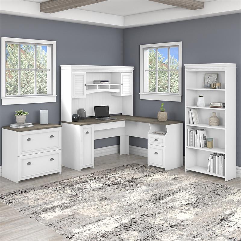 Pemberly Row L Desk 4 Pc Set with Storage in White and Gray - Engineered Wood