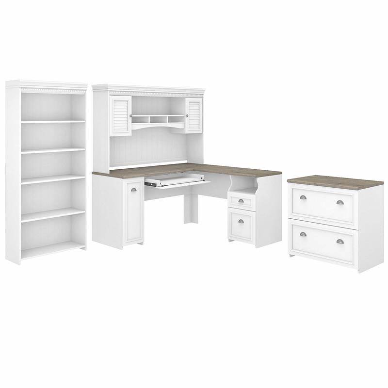 Pemberly Row L Desk 4 Pc Set with Storage in White and Gray - Engineered Wood