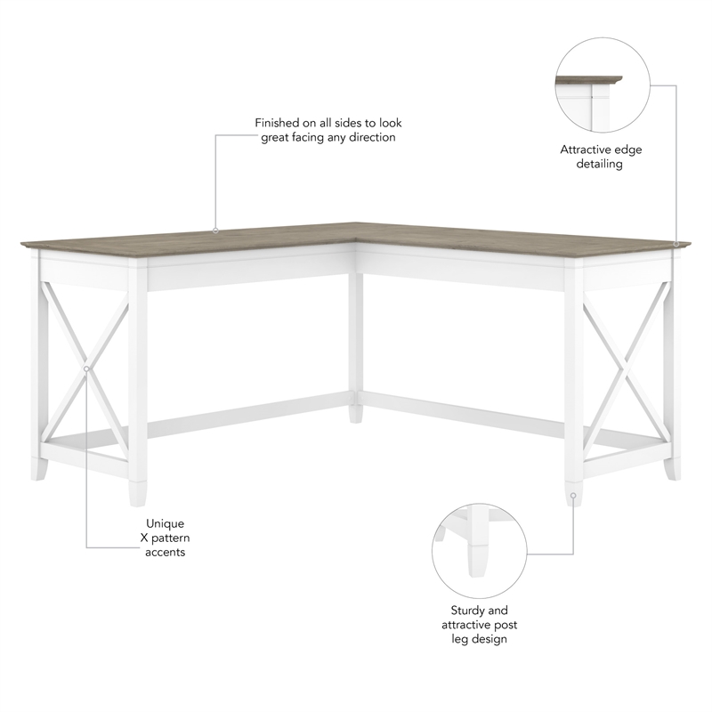 Pemberly Row 60W L Shaped Desk in Pure White and Shiplap Gray - Engineered Wood