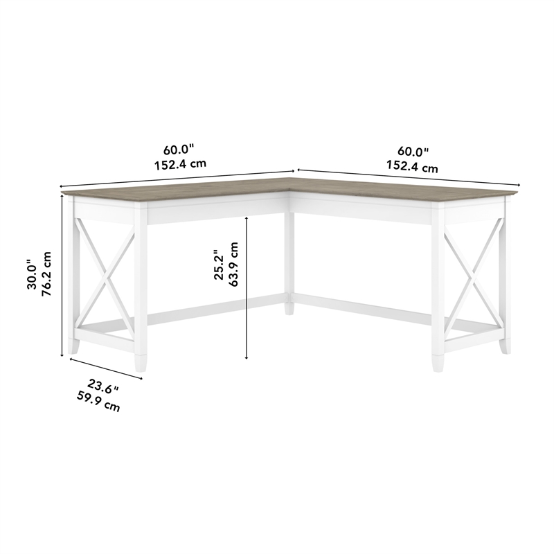Pemberly Row 60W L Shaped Desk in Pure White and Shiplap Gray - Engineered Wood