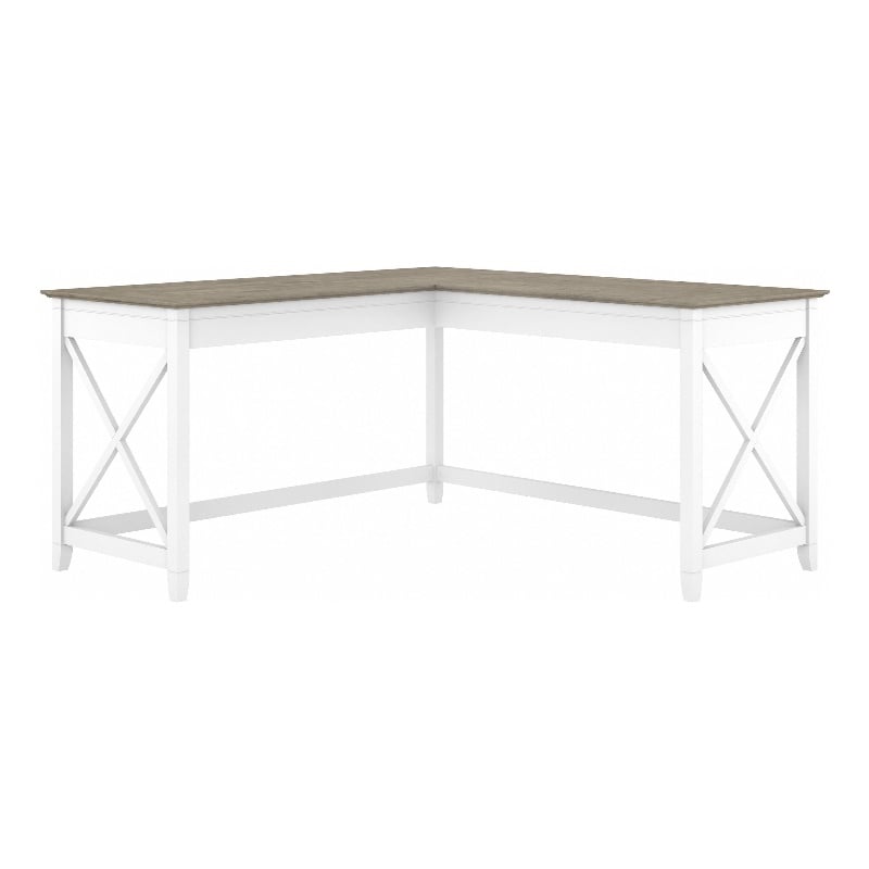 Pemberly Row 60W L Shaped Desk in Pure White and Shiplap Gray - Engineered Wood