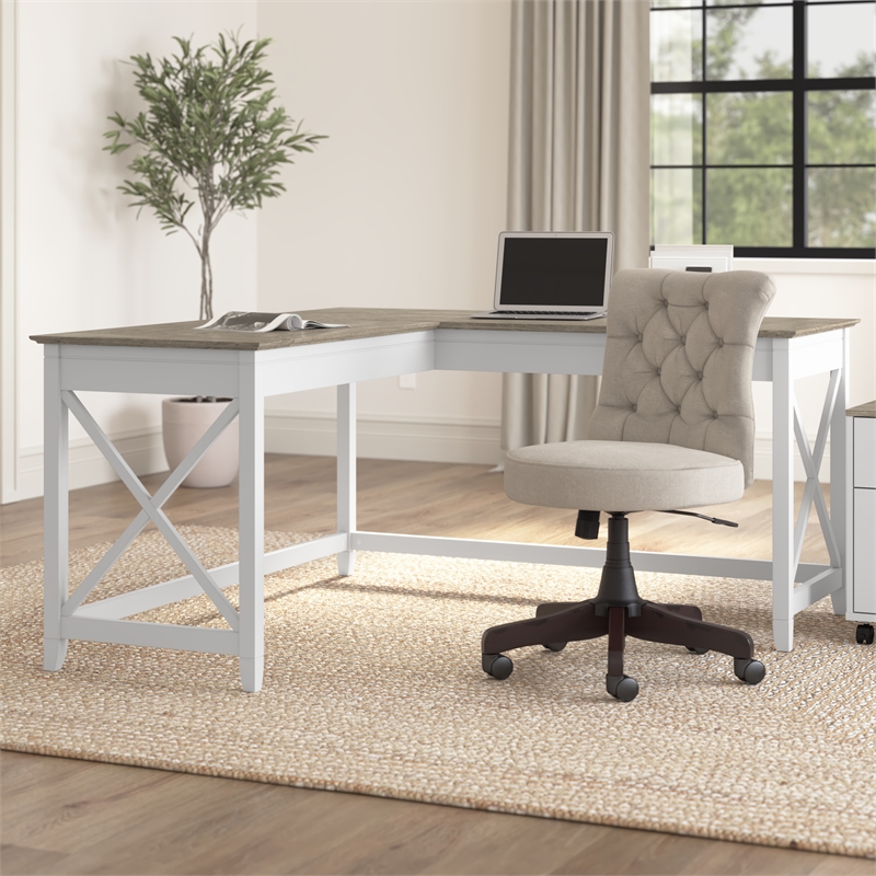 Pemberly Row 60W L Shaped Desk in Pure White and Shiplap Gray - Engineered Wood