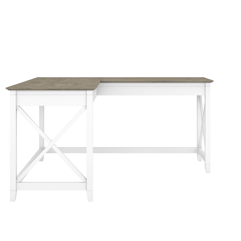 Pemberly Row 60W L Shaped Desk in Pure White and Shiplap Gray - Engineered Wood