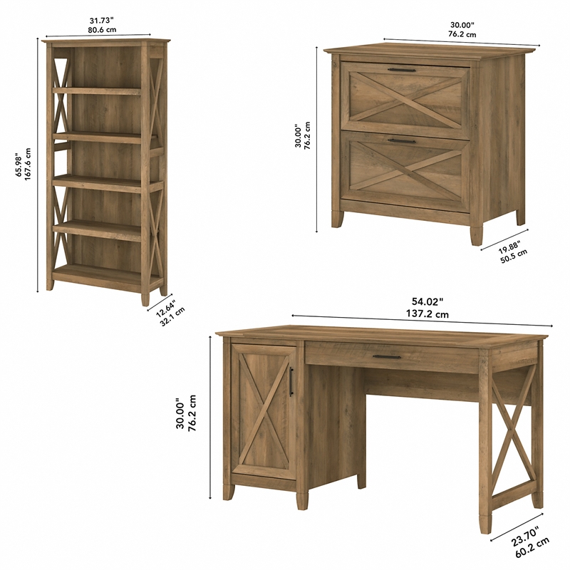 Pemberly Row 54W Desk with File Cabinet and Bookcase in Pine - Engineered Wood