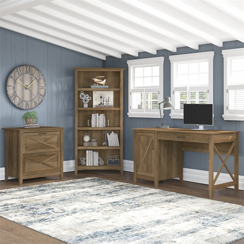 Pemberly Row 54W Desk with File Cabinet and Bookcase in Pine - Engineered Wood