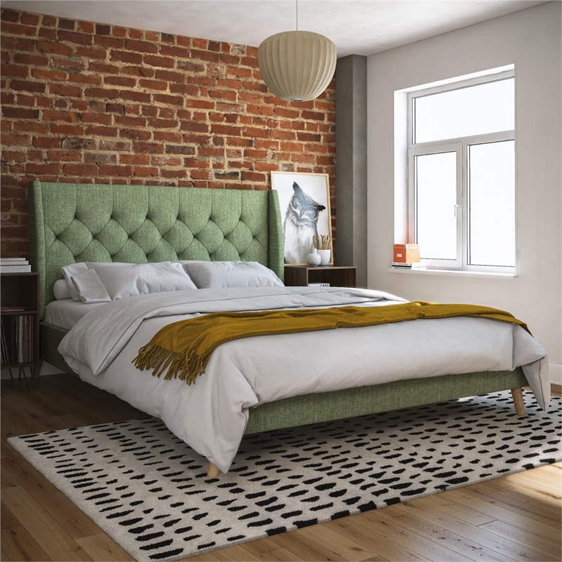 Pemberly Row Modern / Contemporary Queen Bed in Light Green Linen