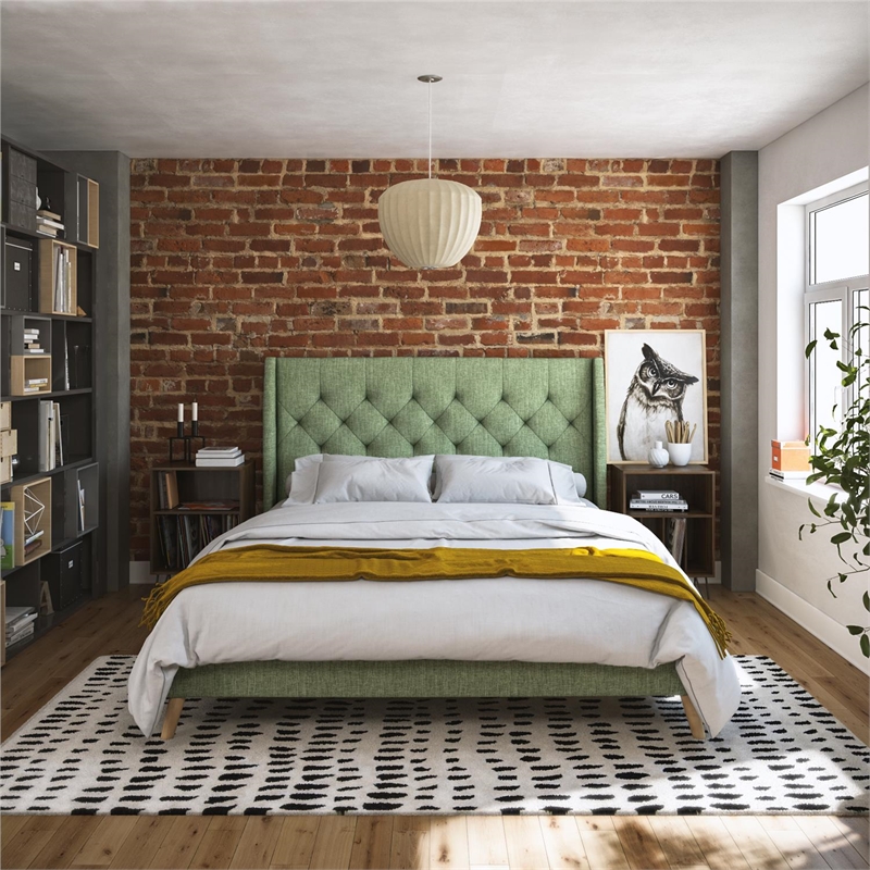 Pemberly Row Modern / Contemporary Queen Bed in Light Green Linen
