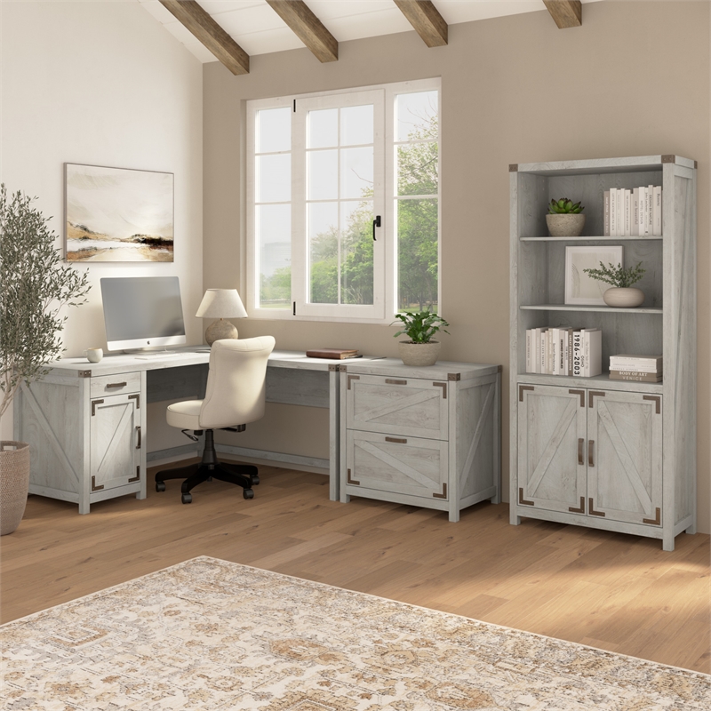 Pemberly Row 60W L Shaped Desk with Storage Cabinet in Cottage White
