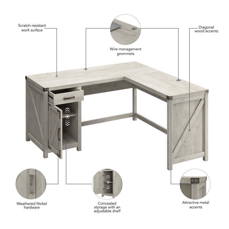 Pemberly Row 60W L Shaped Desk with Storage Cabinet in Cottage White