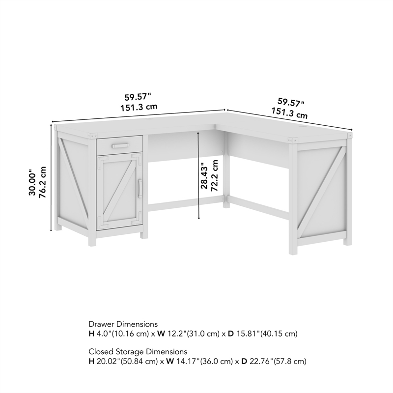 Pemberly Row 60W L Shaped Desk with Storage Cabinet in Cottage White