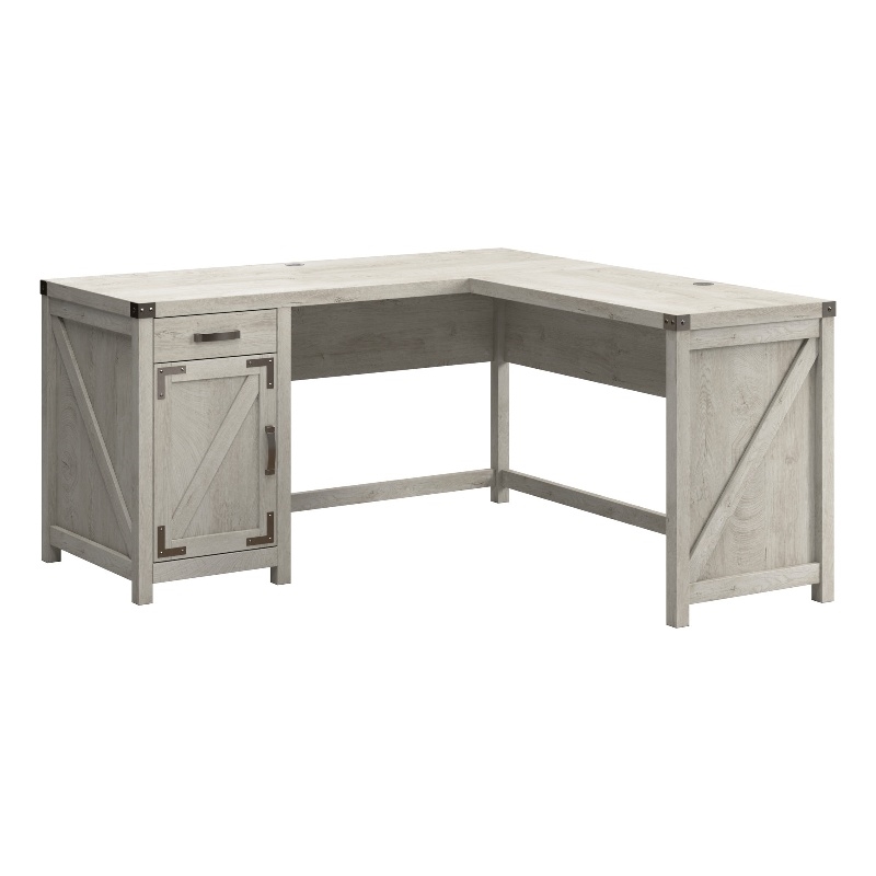 Pemberly Row 60W L Shaped Desk with Storage Cabinet in Cottage White