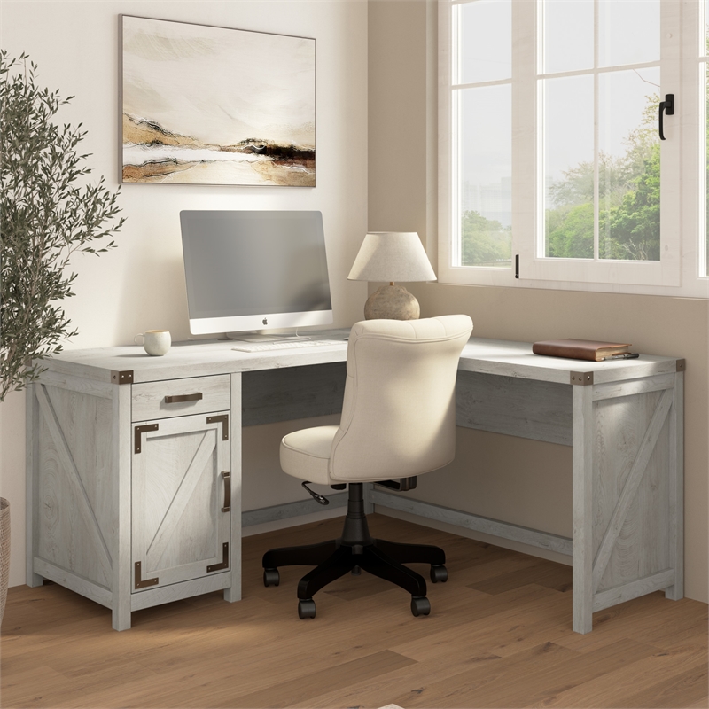 Pemberly Row 60W L Shaped Desk with Storage Cabinet in Cottage White