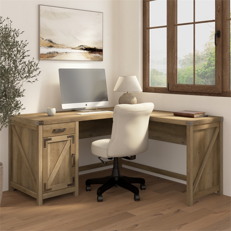 Pemberly Row 60W L Shaped Desk with Cabinet in Reclaimed Pine